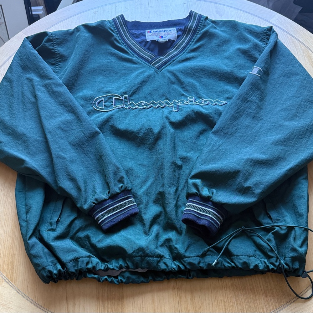 Vintage Champion V-Neck Pullover Windbreaker Jacket Green Size L
